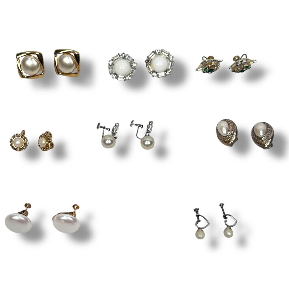 Vintage Clip On Earrings Costume Jewelry Faux‎ Pearl Rhinestone Lot of 8 Pairs